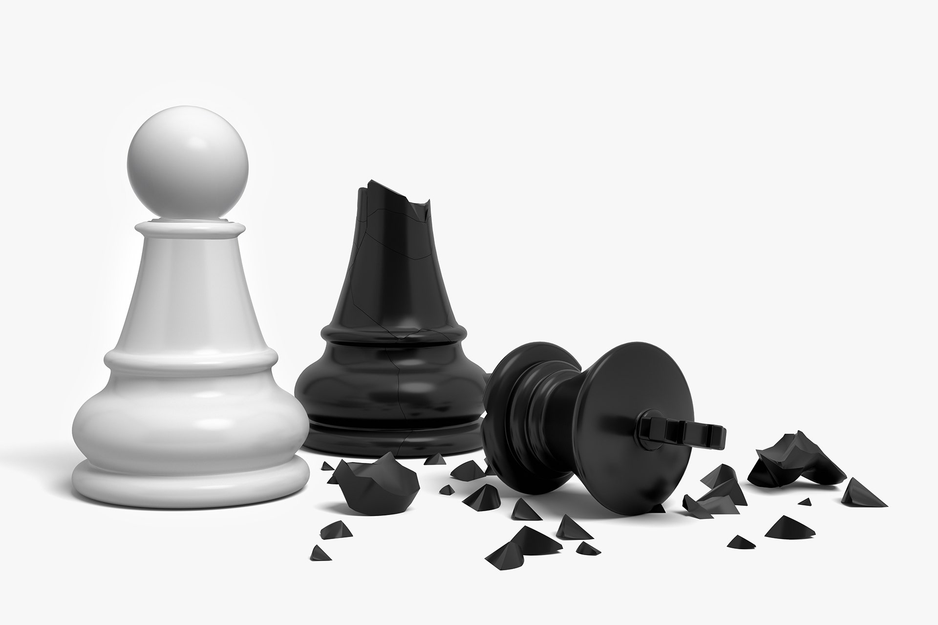 white chess king standing near a black king figure broken in half