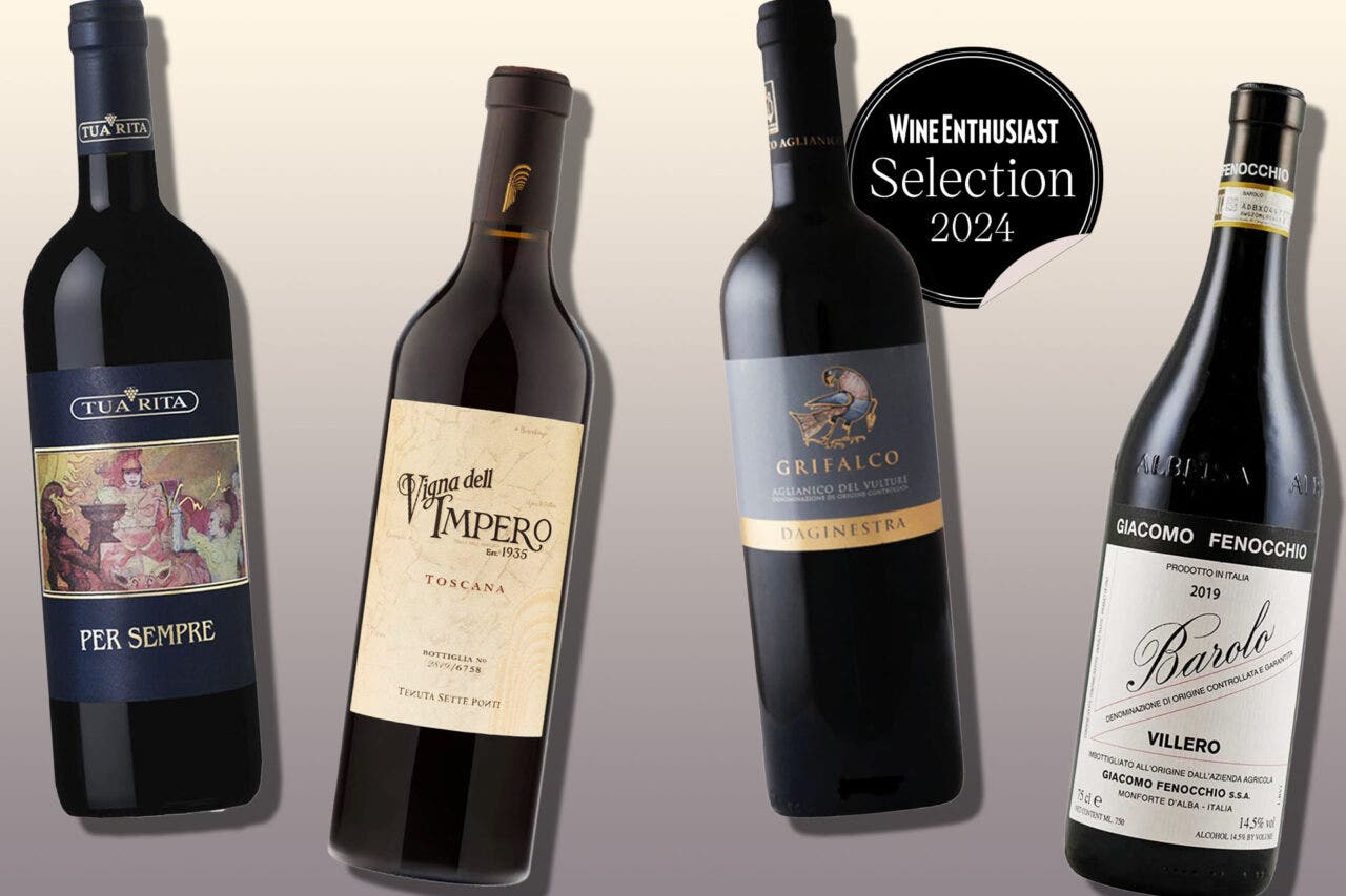 Bottles of Italian Red Wines on a designed background