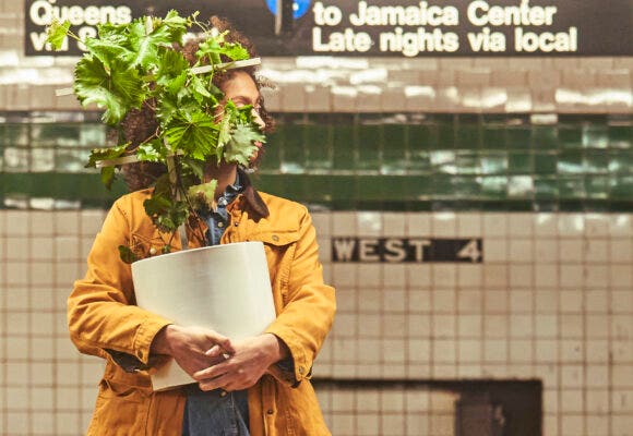 Portrait of a person carrying a grape vine through NYC