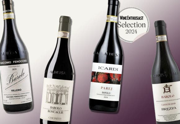 Bottles of Barolo on a designed background