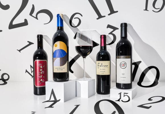 A still life of wine with numbers surrounding it