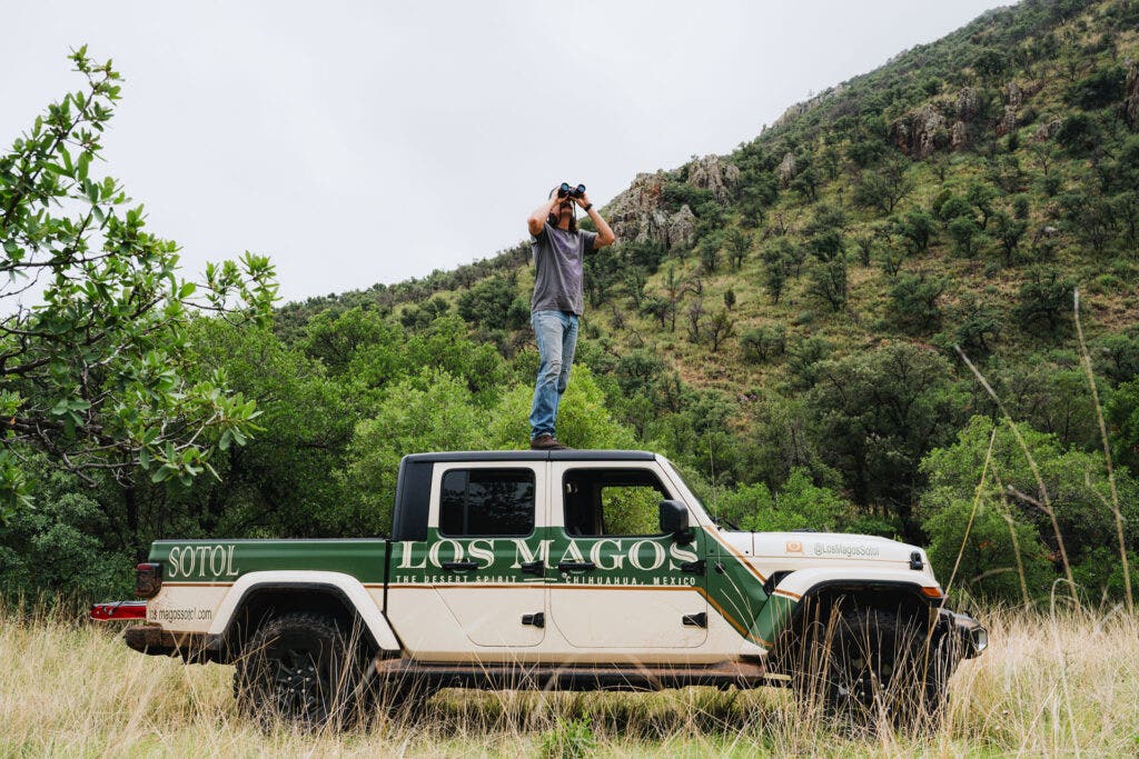 Man standing on top of a Los Magos jeep with binoculars