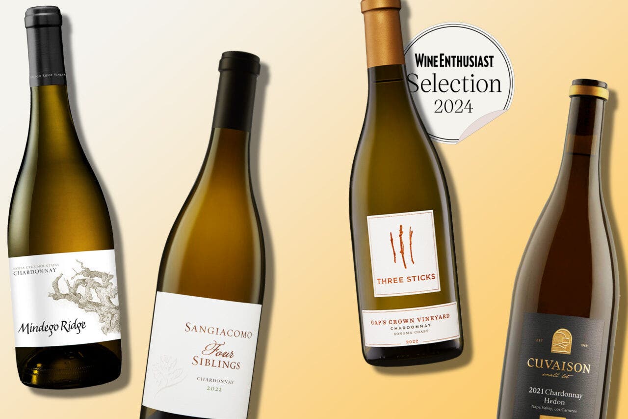 Bottles of California Chardonnays on a designed backgorund