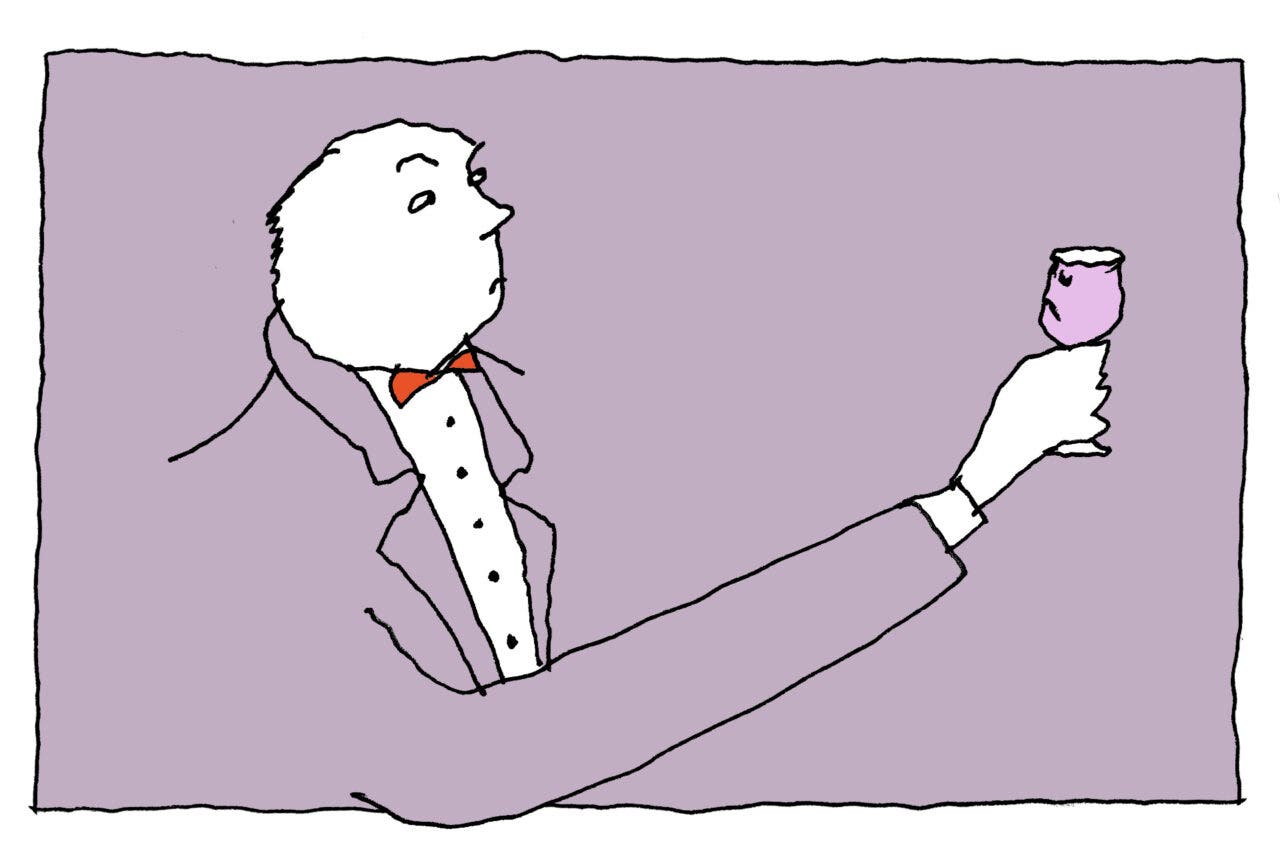 Illustration of wine snob looking at a glass of wine and it looking back it them