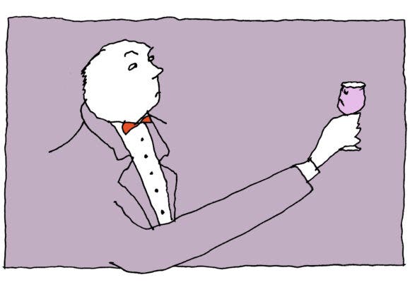 Illustration of wine snob looking at a glass of wine and it looking back it them