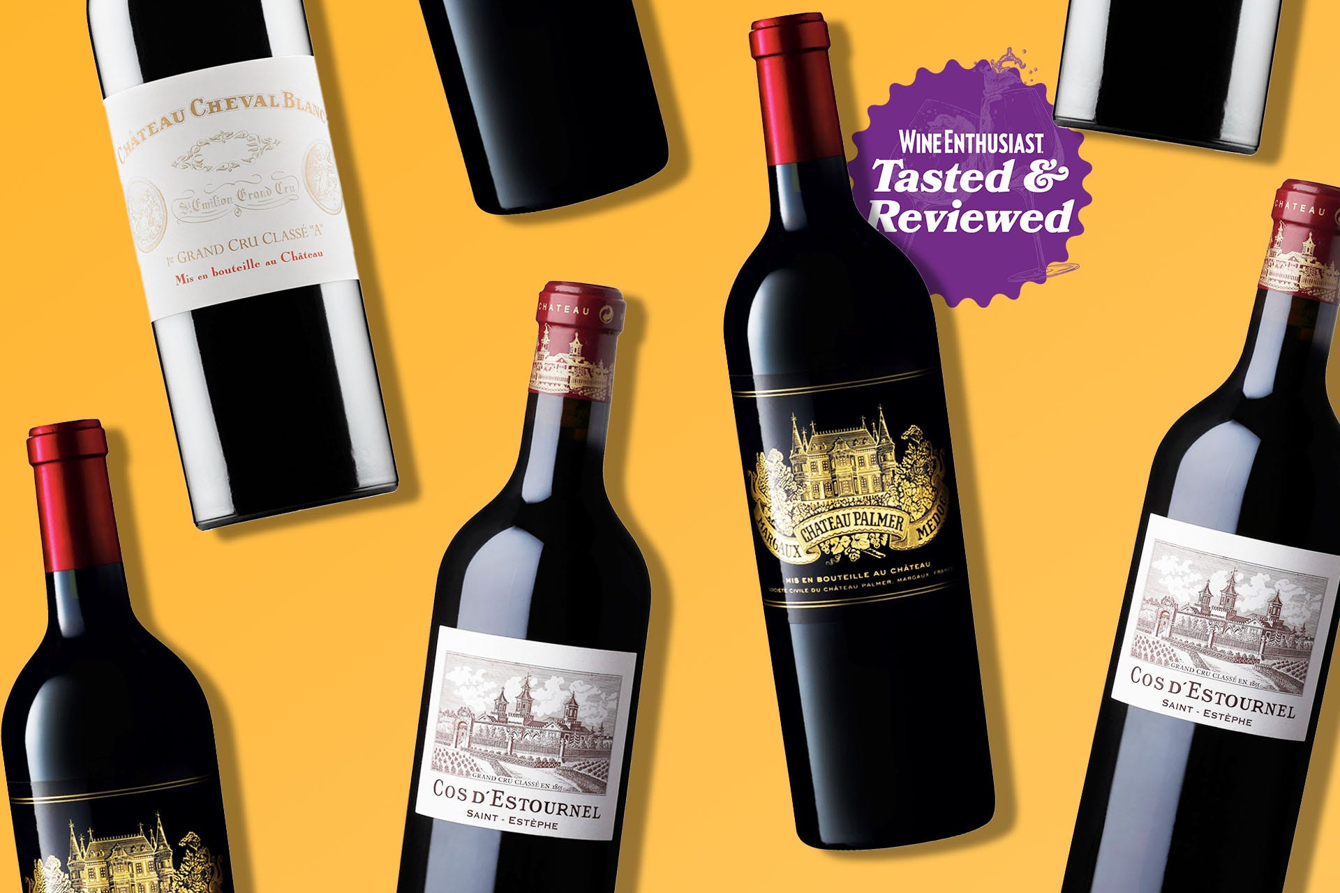 Bottles of Bordeaux on a designed background