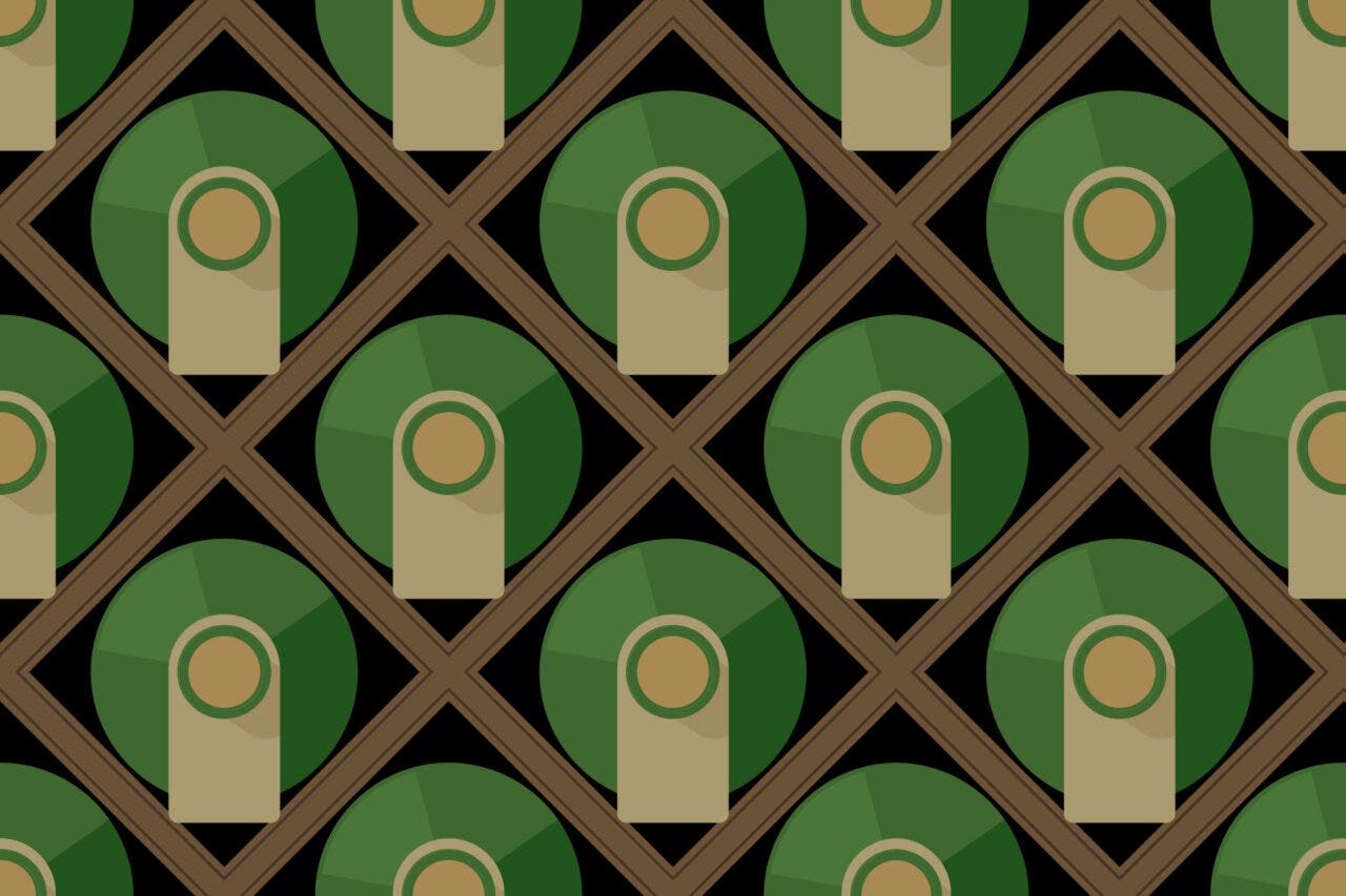 Illustration of wine bottles in wood rack with cellar organization tags.